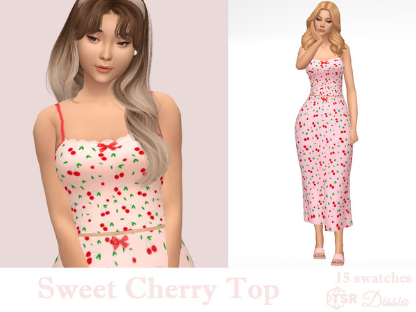 Sims 4 — Sweet Cherry Top by Dissia — Short cherries pattern tank top with lace and red bow