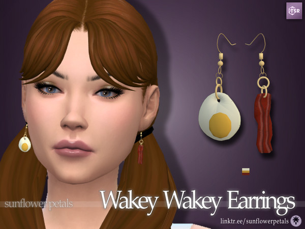 Sims 4 — Wakey Wakey Earrings by SunflowerPetalsCC — A pair of egg and bacon shaped earrings. Comes in one color. BGC