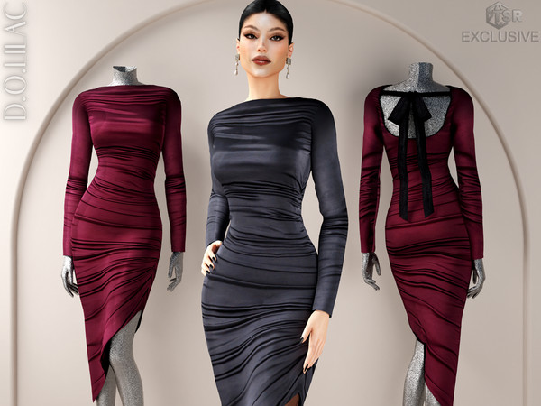 Sims 4 — Bow Detailed Ruched Asymmetric Dress DO0715 by DOLilac — Custom thumbnail