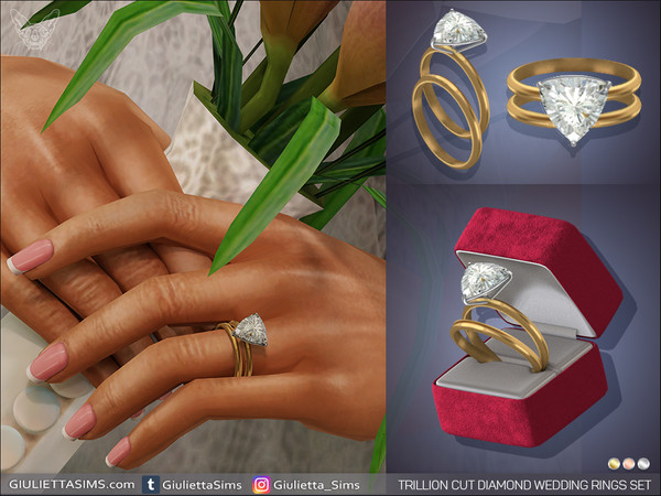 Sims 4 — Trillion Cut Diamond Wedding Rings Set by feyona — Trillion Cut Diamond Wedding Rings Set with a curved 2 carat