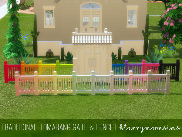 Sims 4 — Lion's Lotus Ornate Latching Door by Starrymoonsims — The fence, gate, railing and stairs, all recolored in the