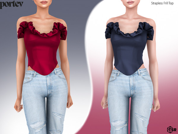 Sims 4 — Strapless Frill Top by portev — new Mesh 10 colors