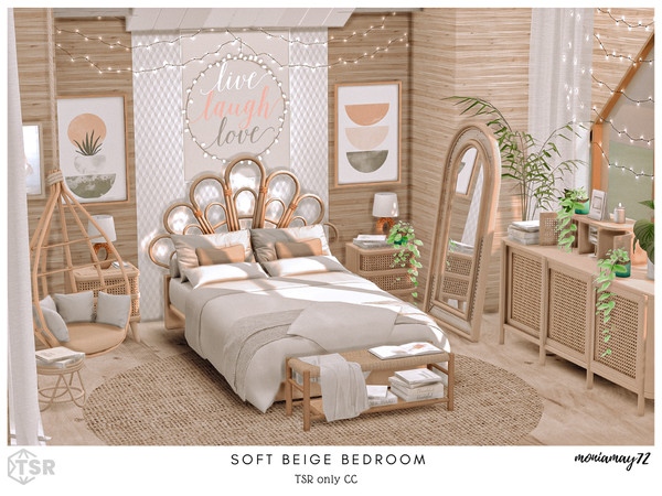 Sims 4 — Soft Beige Bedroom TSR only CC by Moniamay72 — A beautiful modern soft beige bedroom in light wooden colors.