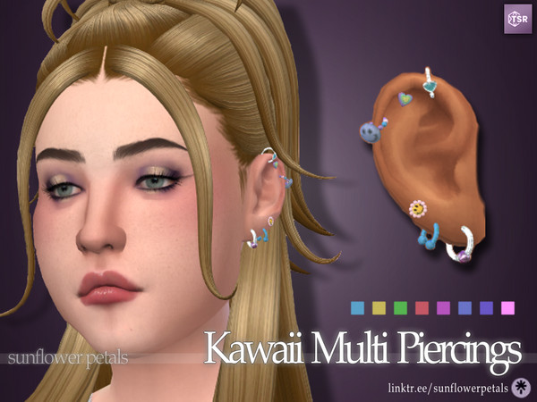 Sims 4 — Kawaii Multi Piercings by SunflowerPetalsCC — A set of piercings in bright colors; includes a few hoops and some