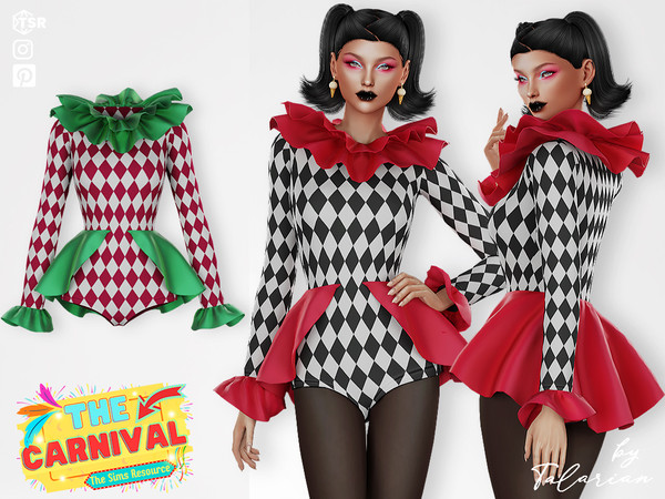 Sims 4 — Carnival Bodysuit by talarian — Carnival Clown Bodysuit with dramatic ruffled collar, peplum waist, and bold