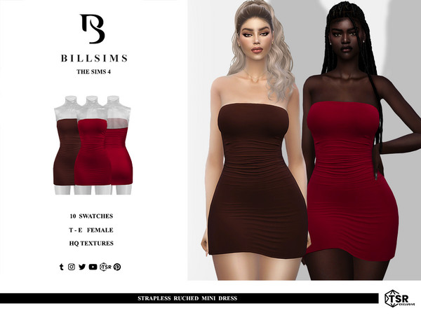 Sims 4 — Strapless Ruched Mini Dress by Bill_Sims — This dress features a soft material with a bandeau neckline in a mini
