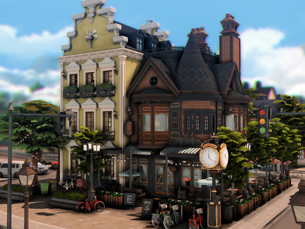 Sims 4 — Residential + Pub (NO CC) by plumbobkingdom — An elegant residential building with European architecture,