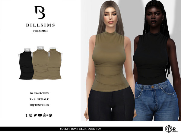 Sims 4 — Sculpt Boat Neck Long Top by Bill_Sims — This top features a woven material with a high neckline design and a