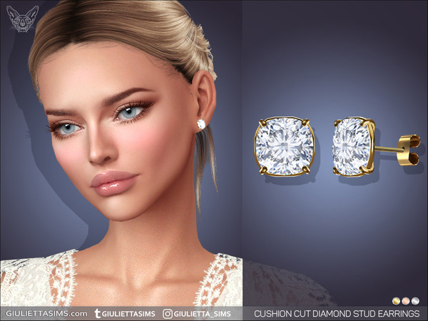 Sims 4 — Cushion Cut Diamond Stud Earrings by feyona — Cushion Cut Diamond Stud Earrings come in 3 colors: yellow, white,