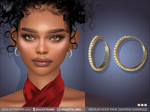 Sims 4 — Medium Hoop Pave Diamond Earrings by feyona — Medium Hoop Pave Diamond Earrings come in 3 colors of metal:
