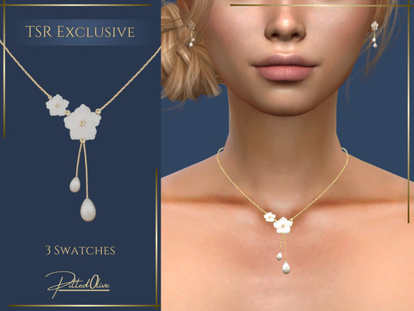 Sims 4 — Keavey Necklace by Pitted0live — Flower themed necklace with drop freshwater pearls Custom catalog image