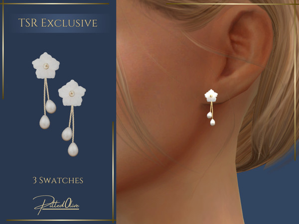 Sims 4 — Keavey Earrings by Pitted0live — Flower stud earrings with drop freshwater pearls Custom catalog image