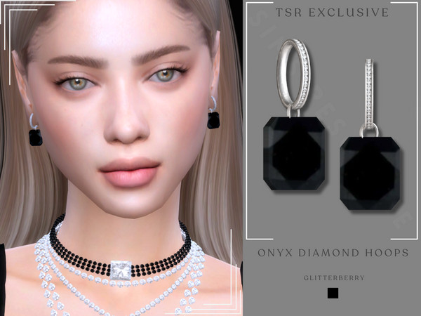 Sims 4 — Onyx Diamond Hoops by Glitterberryfly — A black gemstone hoop earring with diamonds