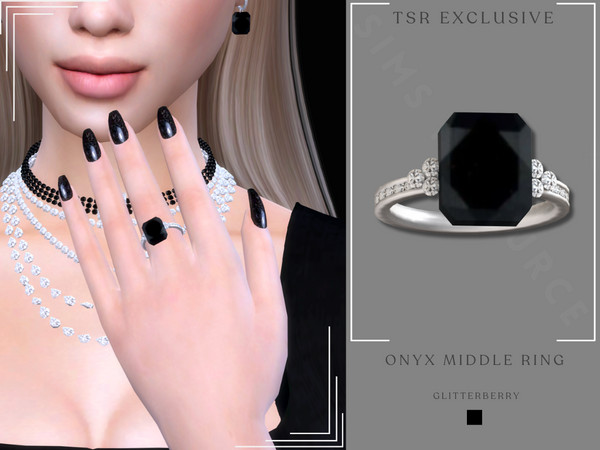 Sims 4 — Onyx Diamond Middle Ring by Glitterberryfly — A black onyx gemstone ring with diamonds