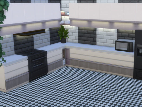 Sims 4 — Black and White Chequer Tile Flooring by WinterWildsSims — A really unique black and white check kitchen tile