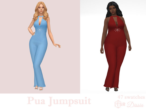 Sims 4 — Pua Jumpsuit by Dissia — Retro style v cleavage long jumpsuit with crystals