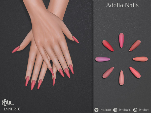 Sims 4 — Adelia Nails by LVNDRCC — Long almonds with jelly effect, in neutral and intense spring colours.