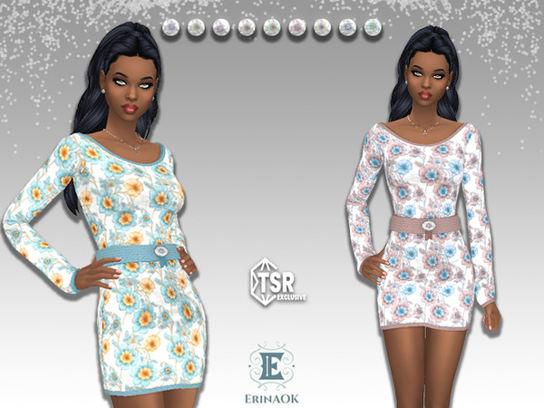 Sims 4 — ErinAOK Womens Dress 032125 by ErinAOK — Women's Cotton Floral Dress with Belt