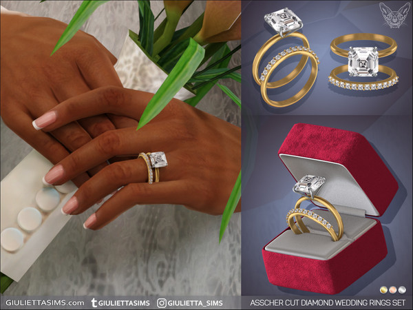 Sims 4 — Asscher Cut Diamond Wedding Rings Set by feyona — Asscher Cut Diamond Wedding Rings Set comes in 3 colors of