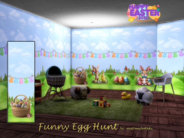 Sims 4 — Funny Egg Hunt.package by matomibotaki — Funny Easter wallpaper with different motifs, the set includes 5
