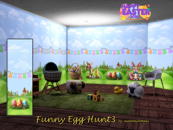 Sims 4 — Funny Egg Hunt3.package by matomibotaki — Funny Easter wallpaper with different motifs, the set includes 5