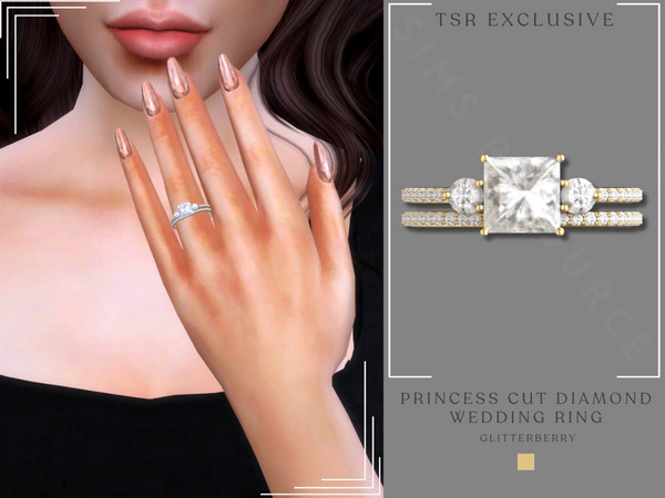 Sims 4 — Princess Cut Diamond Wedding Ring by Glitterberryfly — A gorgeous gold or silver diamond wedding ring with