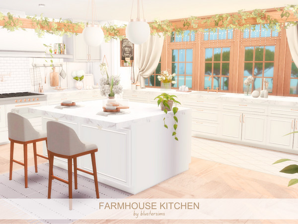 Sims 4 — Farmhouse Kitchen by BlusterSims — Farmhouse kitchen with a beautiful kitchen island and plenty of space to cook