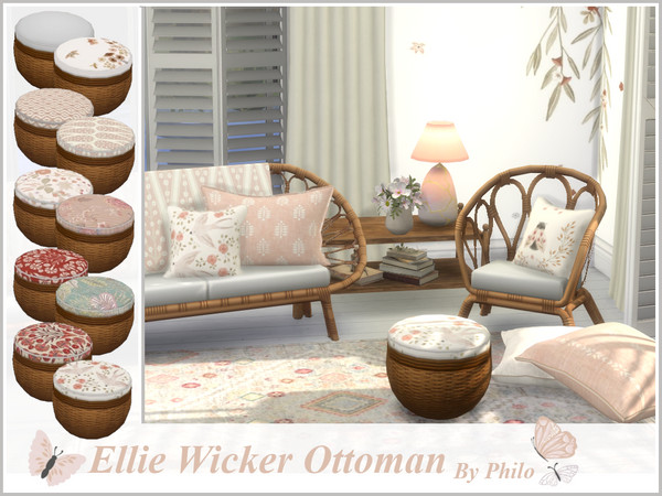 Sims 4 — Philo_Ellie Boho Wicker Ottoman by philo — Soft tone furnitures for boho chic an serene interiors. This set