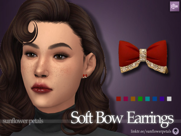 Sims 4 — Soft Bow Earrings by SunflowerPetalsCC — A pair of stud earrings in the shape of bows. Comes in 8 bright colors.