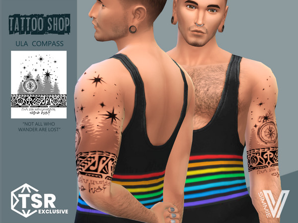 Sims 4 — Compass Tattoo ULA by SimmieV — This upper left arm tattoo features a compass and woodland design with the quote