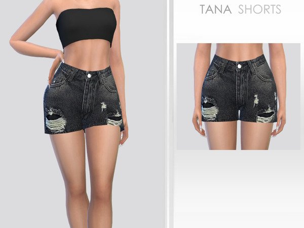 Sims 4 — Tana Shorts by Puresim — Black ripped denim shorts for female sims