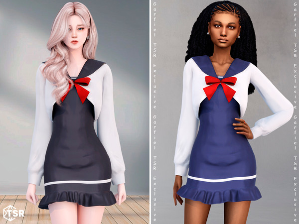 Sims 4 — Irina - Sailor-style dress with red bow by Garfiel — A charming sailor-inspired dress featuring a deep V-neck