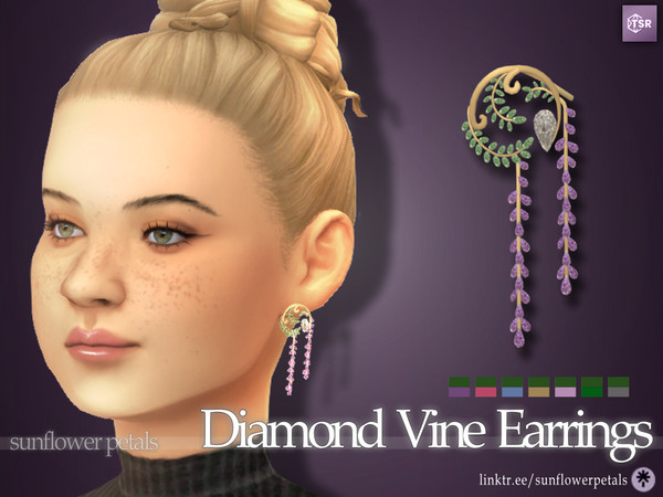Sims 4 — Diamond Vine Earrings by SunflowerPetalsCC — A pair of diamond earrings in 7 bright colors. BGC