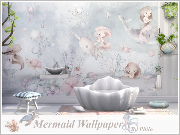 Sims 4 — Mermaids Wallpaper by philo — Soft tone wallpaper picturing turtles and mermaids.