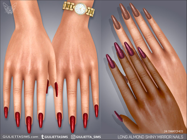 Sims 4 — Long Almond Shiny Mirror Nails by feyona — Long Almond Shiny Mirror Nails come with 24 swatches. These nails