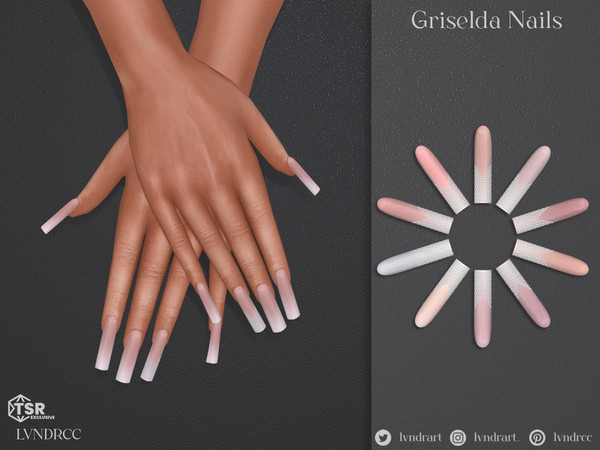 Sims 4 — Griselda Nails by LVNDRCC — Long square manicure inlaid with crystals, with a subtle ombre effect.