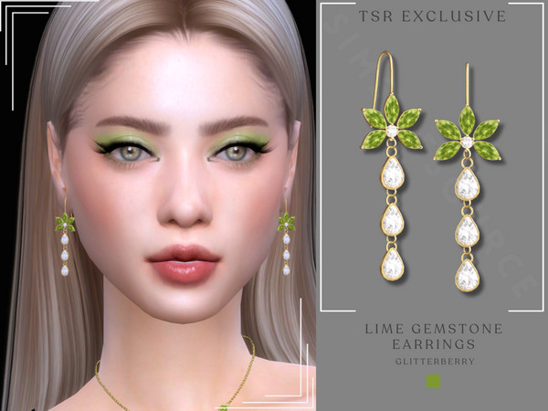 Sims 4 — Lime Gemstone Earrings by Glitterberryfly — A dangle lime green gemstone earring set in gold with diamonds