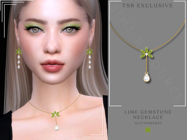 Sims 4 — Lime Gemstone Necklace by Glitterberryfly — A gold chain necklace with lime gemstones and diamonds