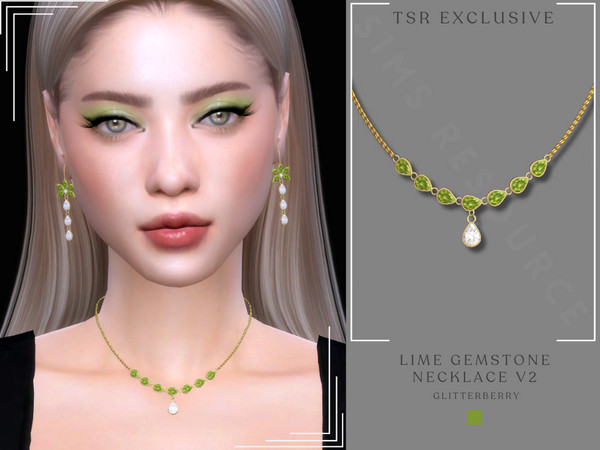 Sims 4 — Lime Gemstone Necklace v2 by Glitterberryfly — A lime gemstone necklace with diamonds