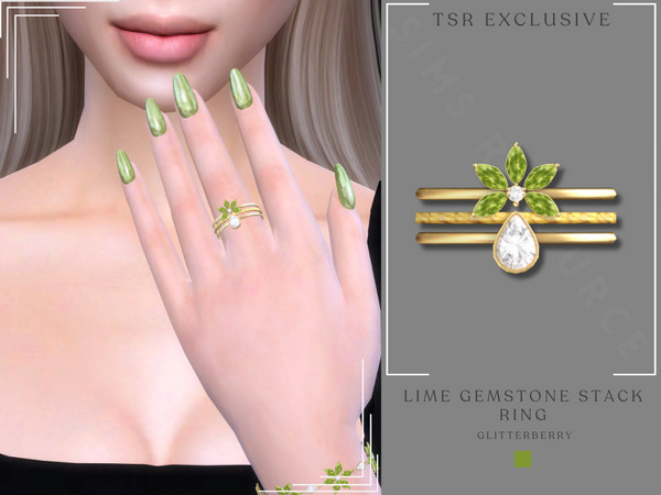 Sims 4 — Lime Gemstone Stack Ring by Glitterberryfly — A gold stack ring featuring lime gemstones and diamonds