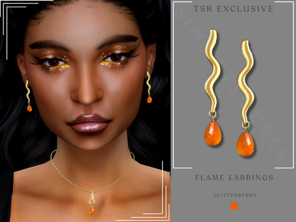 Sims 4 — Flame Earrings by Glitterberryfly — A gold drop down earring with orange gemstone