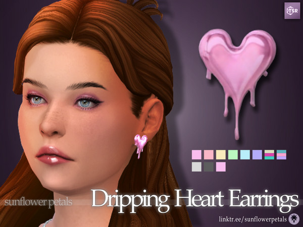 Sims 4 — Drip Heart Earrings by SunflowerPetalsCC — A pair of large stud earrings shaped like melting hearts. Comes in 10