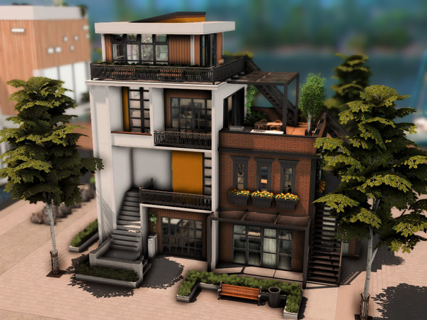 Sims 4 — Industrial Modern House (NO CC) by plumbobkingdom — This building combines modern and industrial styles in a