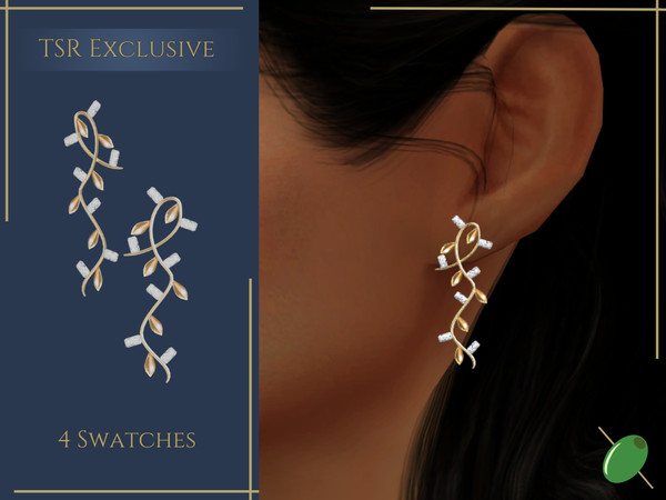 Sims 4 — Vanessa Earrings by Pitted0live — Olive vine inspired earrings with emerald cut diamonds Custom catalog image