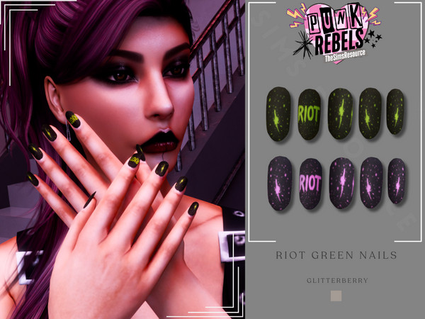 Sims 4 — PUNK REBELS- RIOT Green Nails by Glitterberryfly — A green paint nail with the words RIOT