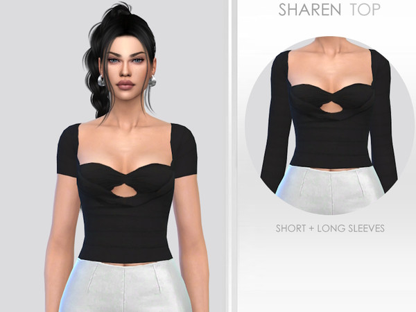 Sims 4 — Sharen Top by Puresim — Black top with 2 versions, short or long sleeves.