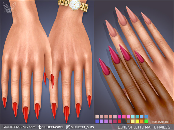 Sims 4 — Long Stiletto Matte Nails 2 by feyona — Long Stiletto Matte Nails 2 come with 30 swatches. These nails won't