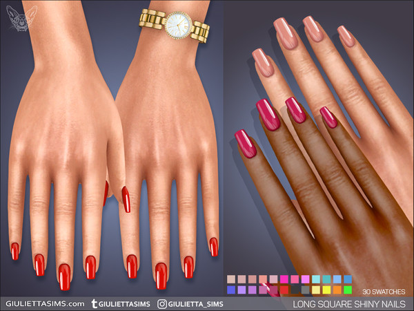 Sims 4 — Long Square Shiny Nails by feyona — Long Square Shiny Nails come with 30 swatches. These nails won't conflict