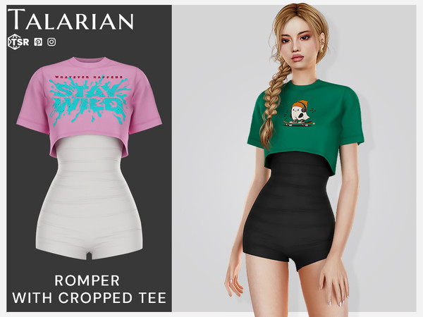 Sims 4 — Lorelei Romper With Cropped Tee by talarian — Two-piece outfit with tight short romper and cropped short-sleeve