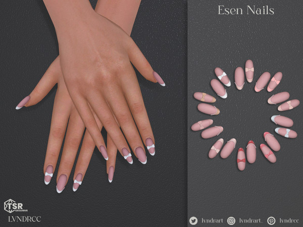 Sims 4 — Esen Nails by LVNDRCC — Neat rounded manicure with decorative bows and inlaid with small pearls, in neutral